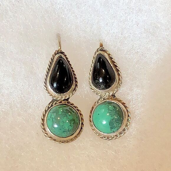 TAXCO Sterling Silver Black Onyx & Green Agate Drop Earrings - Picture 7 of 7